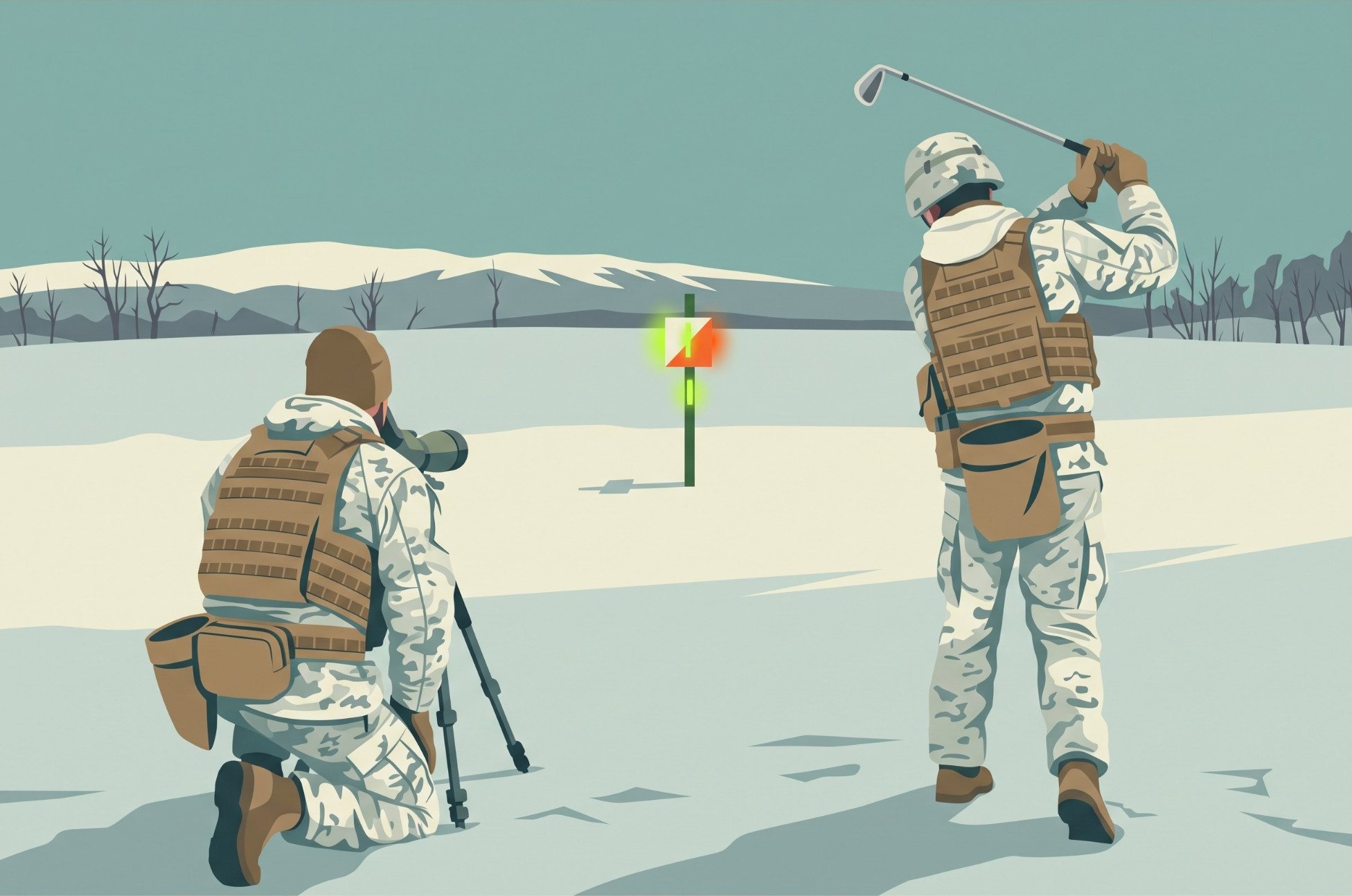 Two soldiers in winter camouflage on a snowy range, one kneeling at a spotting scope while the other swings a golf club toward a lit flag