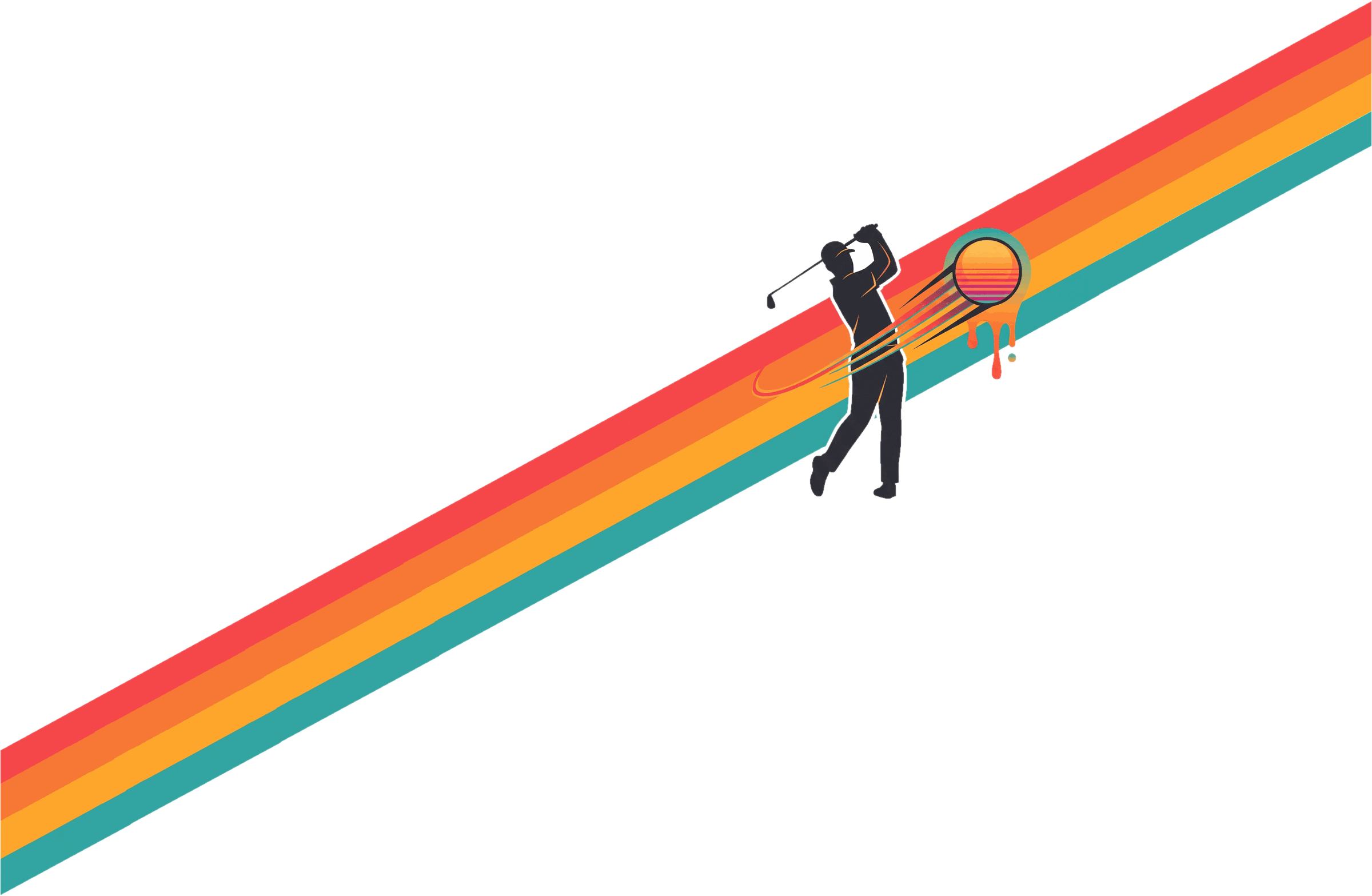 Golfer at the top of a swing with a retro sunset ball and rainbow stripes
